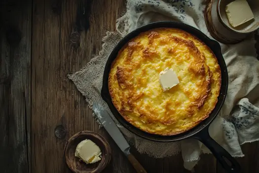 Freshly baked Southern cornbread in a cast iron skillet with a golden crust on a rustic wooden table.