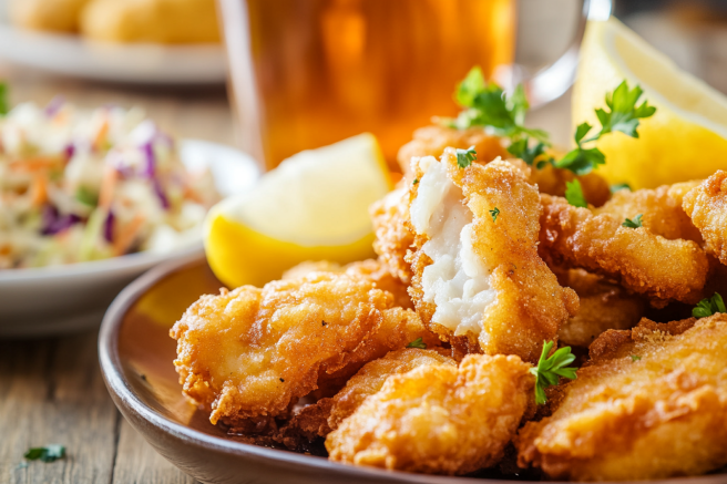  A platter of crispy fried fish served with coleslaw, hush puppies, and lemon wedges for a classic Southern meal.