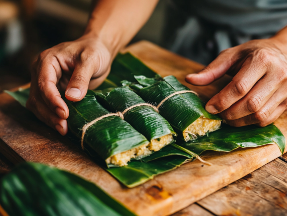 Hands wrapping a Bollos de Maíz Nuevo mixture in banana leaves, demonstrating the traditional technique.