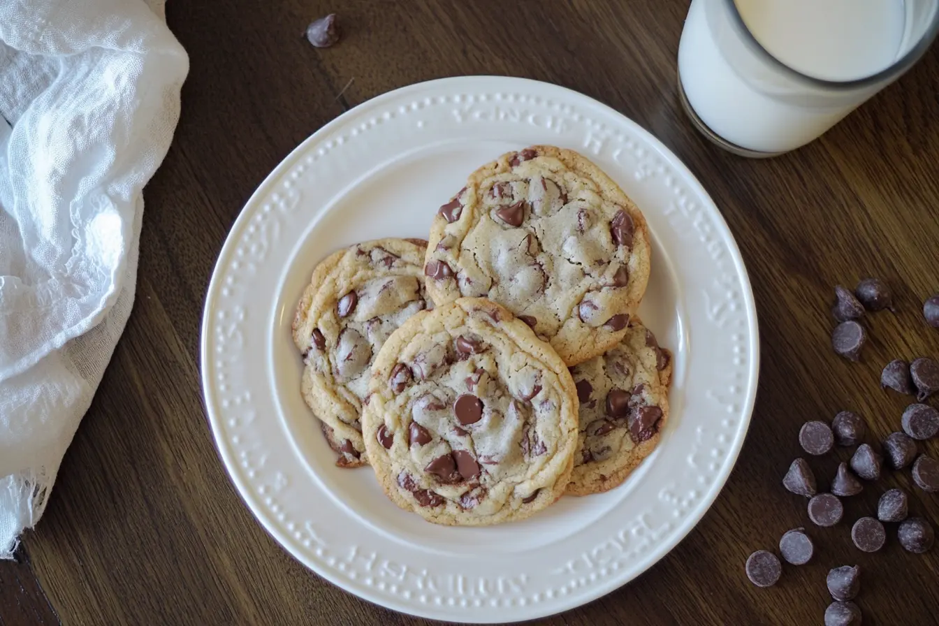 Freshly baked chocolate chip cookies without brown sugar, arranged on a rustic wooden board with melted chocolate chips and a glass of milk nearby.