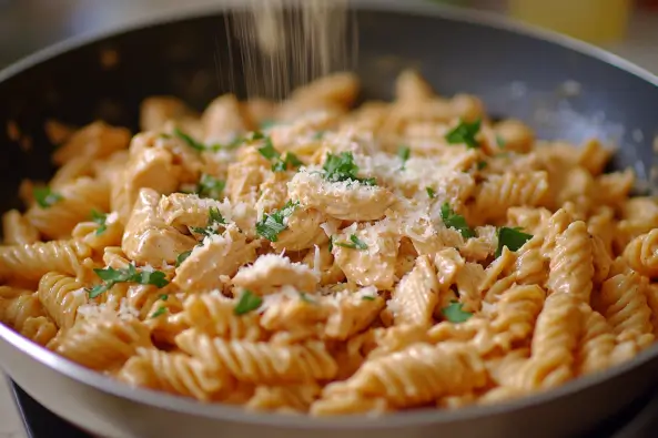 Skillet of pasta and rotisserie chicken being tossed with garlic butter sauce and garnished with Parmesan.

