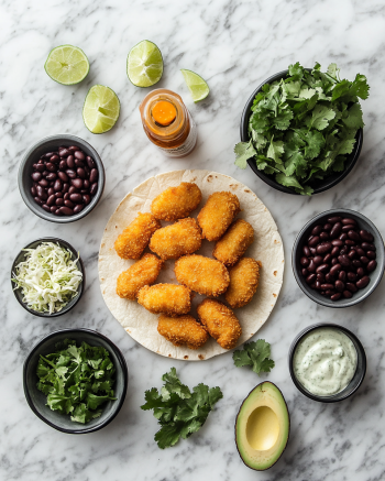 Trader Joe’s battered fish nuggets, corn tortillas, shredded cabbage, cilantro dressing, limes, and avocado arranged on a marble countertop.