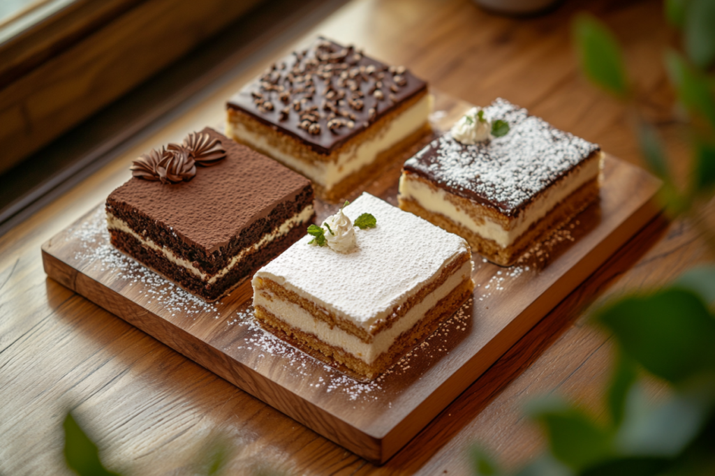 Three variations of kefir sheet cake: chocolate glaze, cream cheese frosting, and gluten-free with powdered sugar.