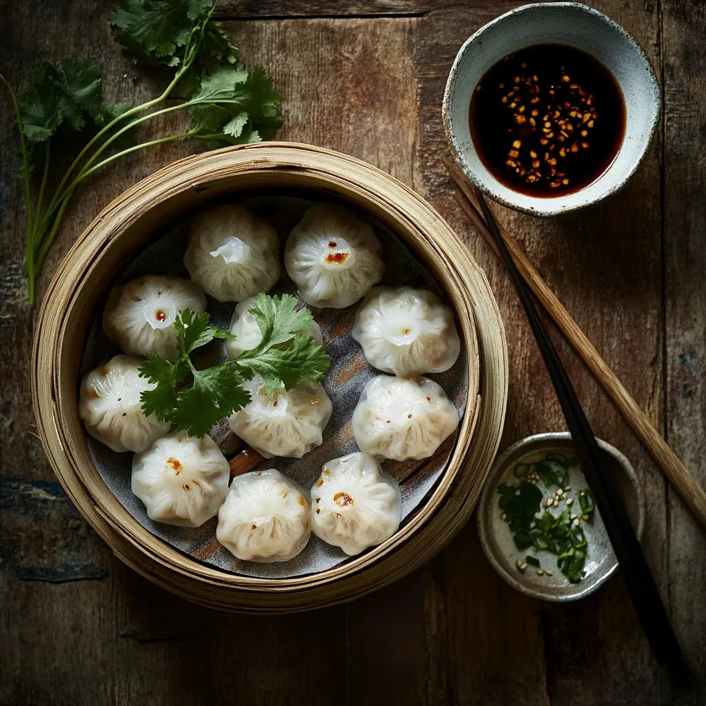 Freshly steamed vegetarian soup dumplings served in a bamboo steamer with dipping sauce and chopsticks on the side.