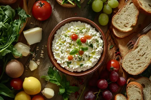 Rustic bowl of cottage cheese with fresh vegetables, fruits, and bread on a wooden table.