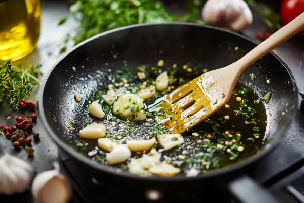 Garlic sizzling in olive oil and butter in a skillet, releasing golden aromas.