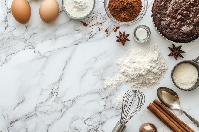 Ingredients for kefir sheet cake including flour, kefir, cocoa powder, eggs, sugar, and spices, arranged on a marble surface.