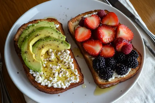 Two variations of cottage cheese toast: one with berries and honey, the other with avocado and black pepper.