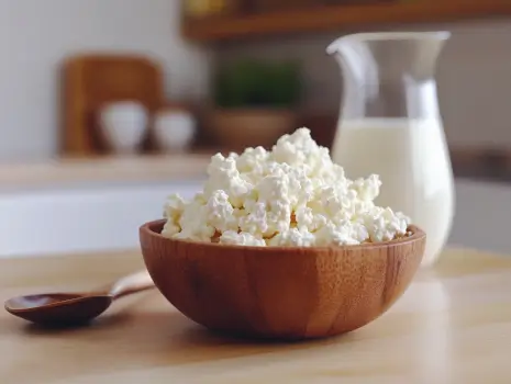 Close-up of cottage cheese in a wooden bowl with a milk jug in the background.