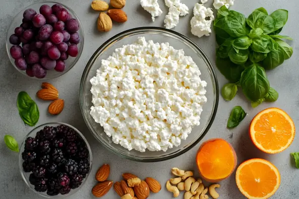 Cottage cheese in a glass bowl with labels highlighting its nutritional benefits like protein and calcium.