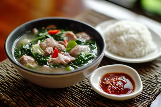 A bowl of pork sinigang garnished with fresh kangkong, served with steamed rice and chili fish sauce on a placemat.