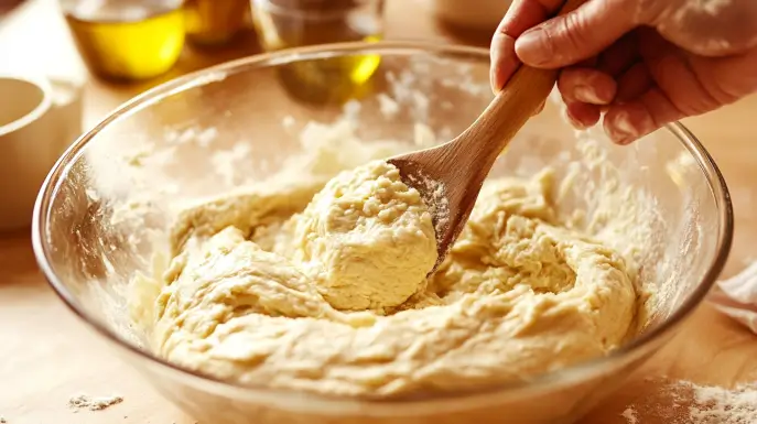 Mixing rice flour, hot water, and salt in a bowl to prepare garaetteok dough.