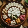 A close-up view of Korean tteok, Chinese nian gao, and Japanese mochi arranged on a rustic wooden platter with dipping sauces.