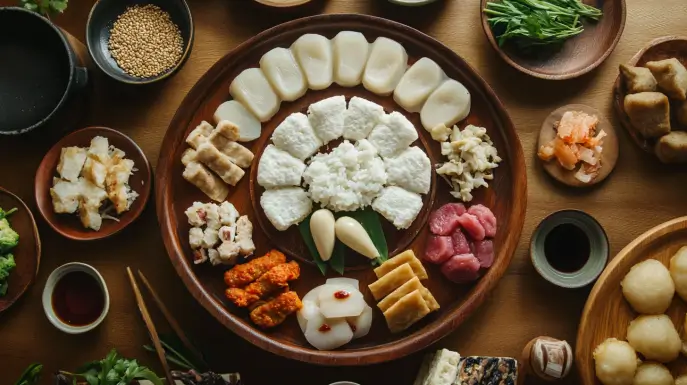 A close-up view of Korean tteok, Chinese nian gao, and Japanese mochi arranged on a rustic wooden platter with dipping sauces.