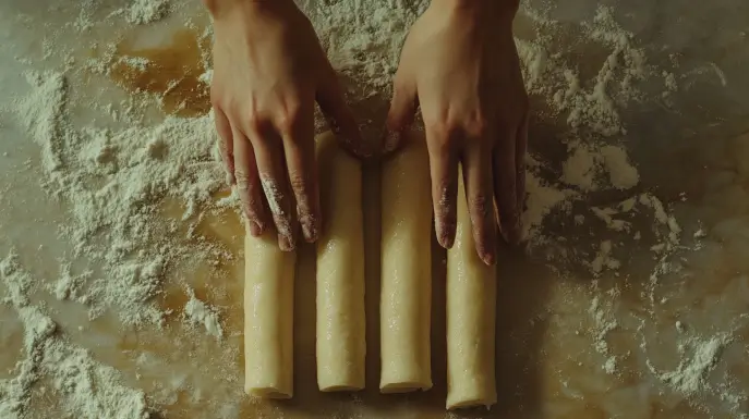 Shaping Korean rice cake dough into smooth cylindrical forms on a floured surface.