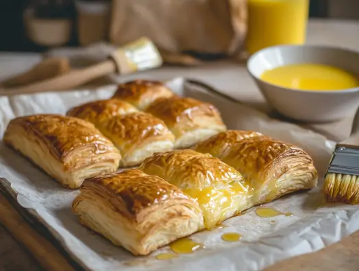 Freshly baked Gipfeli, golden and flaky, on a parchment-lined baking sheet.