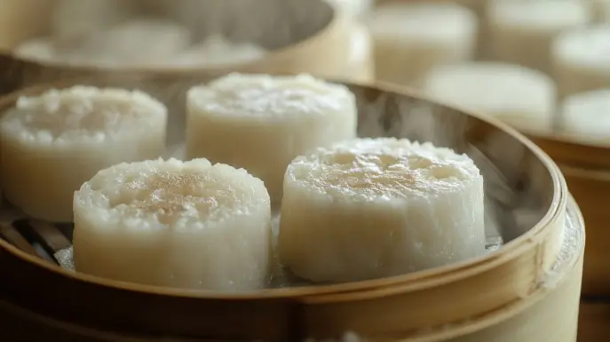 Korean rice cakes steaming in a bamboo steamer lined with parchment paper.