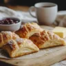 Freshly baked Gipfeli on a wooden serving board with butter and jam.