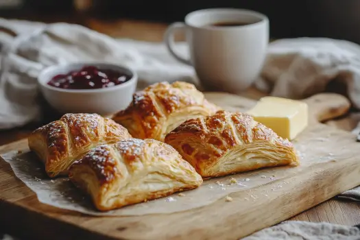 Freshly baked Gipfeli on a wooden serving board with butter and jam.