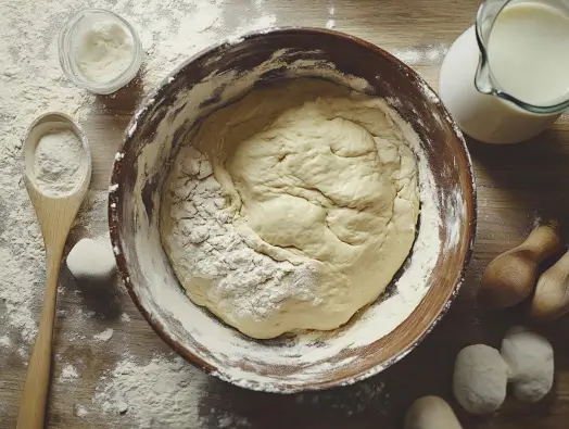 Mixing dough ingredients for Gipfeli with flour, sugar, and yeast in a bowl.