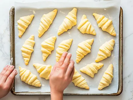 Shaping Gipfeli dough into crescent rolls on a baking sheet.