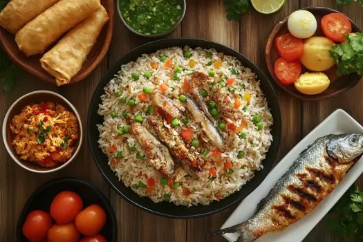 A table spread featuring garlic fried rice, fried lumpia, ensaladang talong, grilled fish, salted egg with tomatoes, and a central bowl of sinigang.