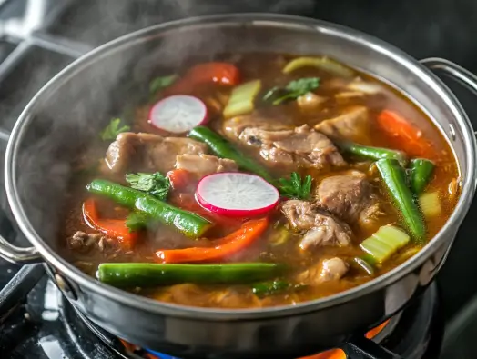 A pot of pork sinigang simmering with tender pork, radish, okra, and long green peppers in a tangy tamarind broth.