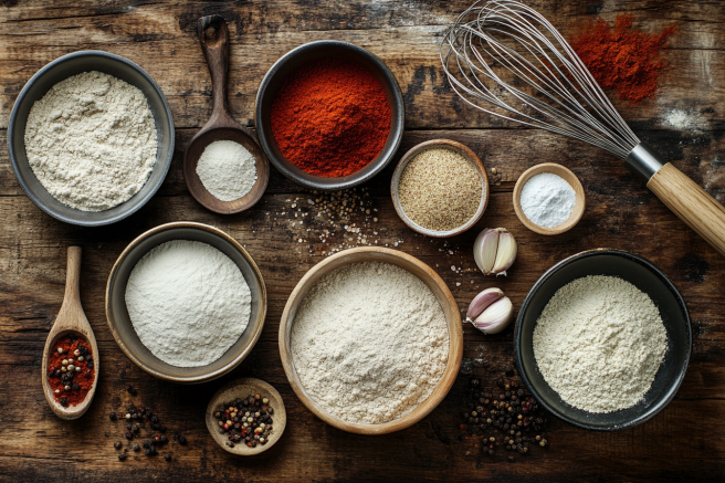 Bowls of ingredients for Hillbilly Fish Fry Seasoning, including cornmeal, smoked paprika, and cayenne pepper.