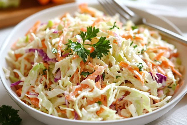 A bowl of fresh and vibrant low-carb coleslaw garnished with parsley and served with a fork on the side.