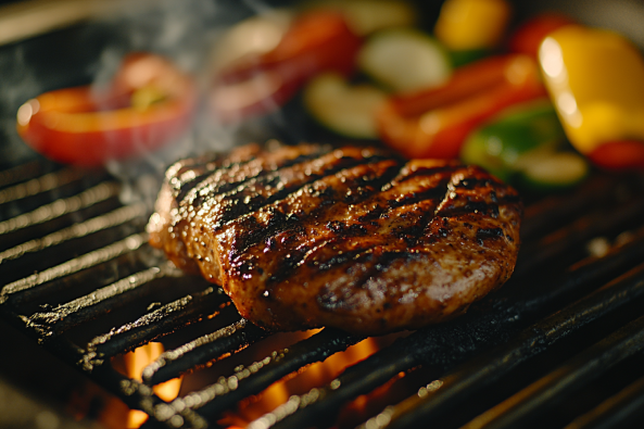 Grilled carob-dipped chicken on a hot grill, with fresh vegetables sizzling alongside, showcasing the charred carob glaze.