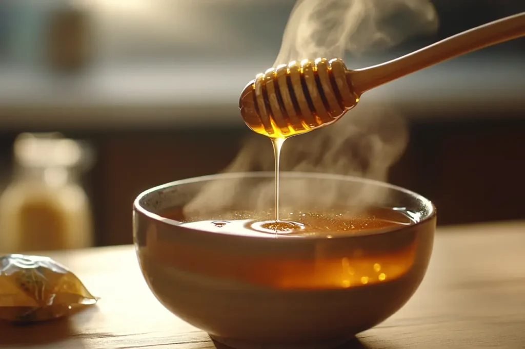 Close-up of honey being drizzled into a cup of tea, with tea sachets steeping in the background.