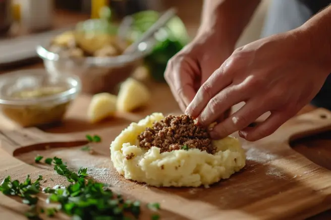 Hands assembling papas rellenas by filling mashed potato discs with seasoned beef.