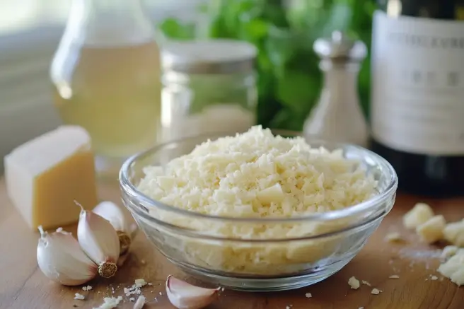 Ingredients for cheese fondue: grated Gruyère and Emmental cheese, garlic, white wine, and cornstarch on a wooden counter.