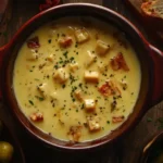 Bubbling cheese fondue in a ceramic pot surrounded by bread, vegetables, and pickles on a rustic table.