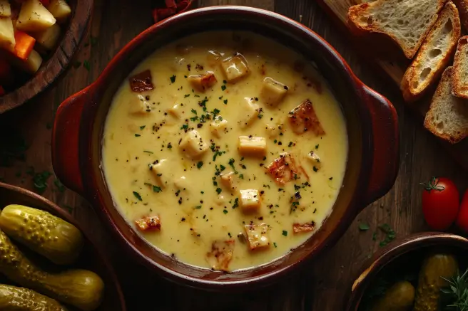 Bubbling cheese fondue in a ceramic pot surrounded by bread, vegetables, and pickles on a rustic table.