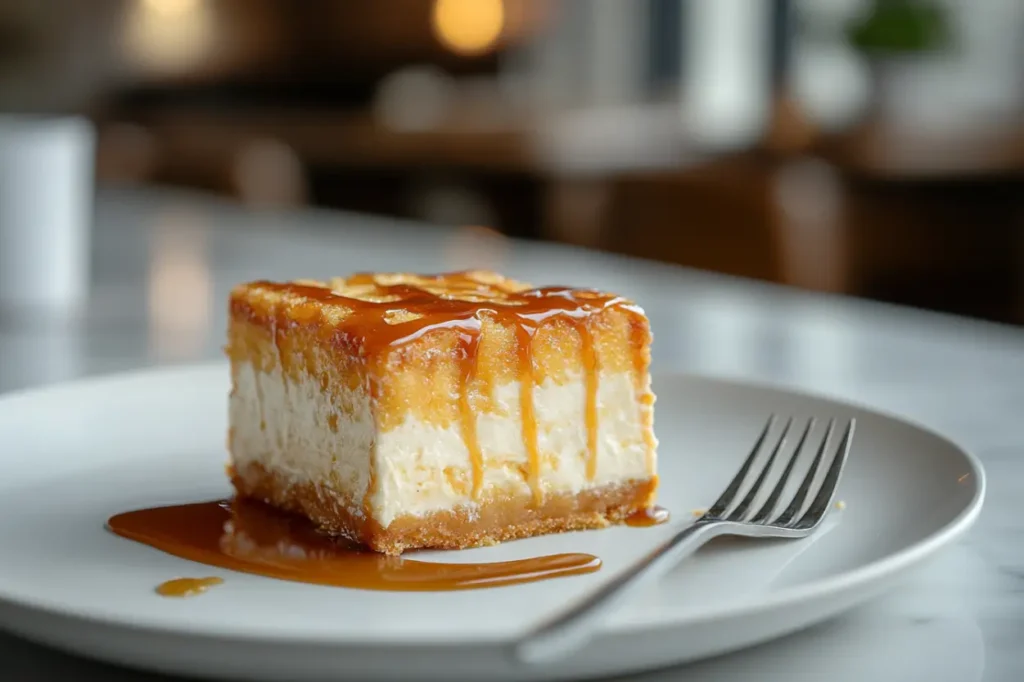 A slice of churro cheesecake with caramel drizzle on a white dessert plate.