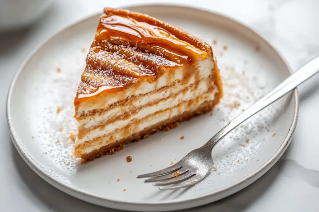 A slice of churro cheesecake with caramel drizzle on a white dessert plate.