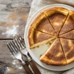 Overhead view of churro cheesecake squares with a golden cinnamon sugar topping on a white plate.