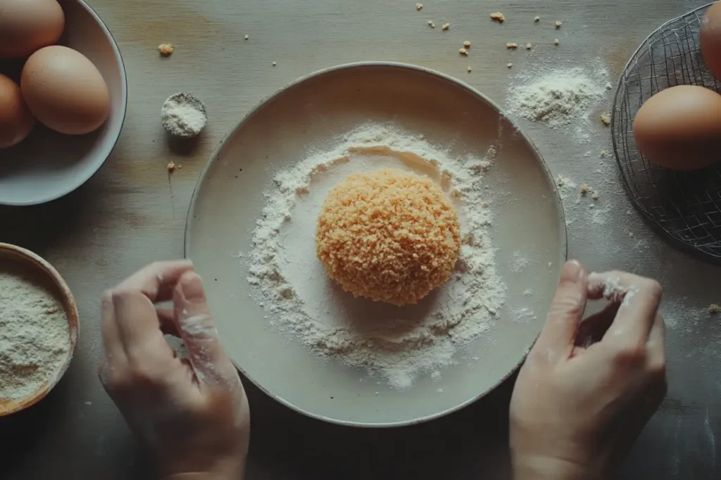 Papas rellenas ball being coated with breadcrumbs for frying.