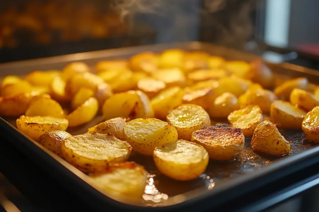 A tray of country potatoes roasting to golden perfection in the oven.