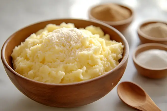 Creamed butter and sugars in a mixing bowl, showcasing the light and fluffy texture.