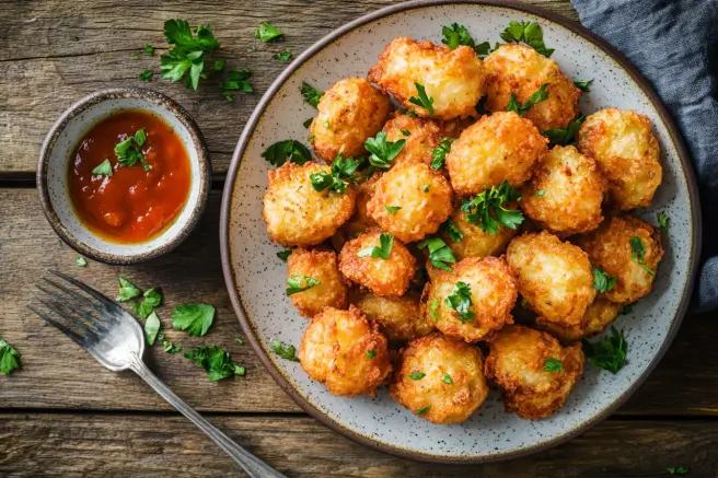 Golden, crispy country potatoes garnished with parsley on a rustic plate.