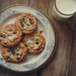 Freshly baked Disney chocolate chip cookies on a rustic plate with gooey chocolate chips and a glass of milk nearby.