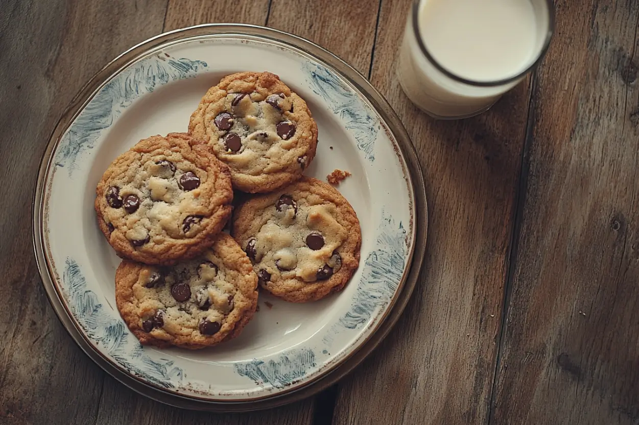 Freshly baked Disney chocolate chip cookies on a rustic plate with gooey chocolate chips and a glass of milk nearby.