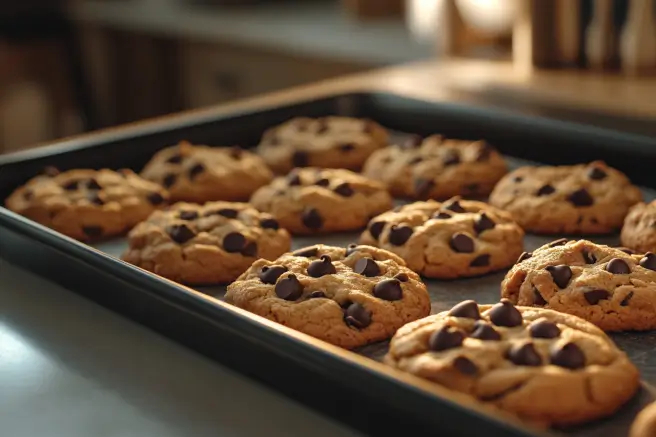  Freshly baked Disney chocolate chip cookies with round chocolate chips on golden-brown surfaces.