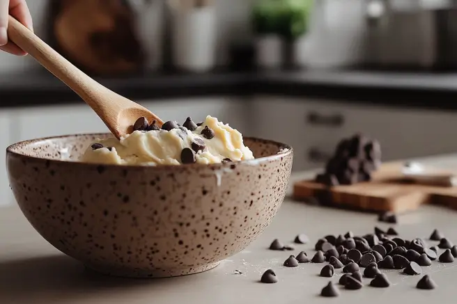 Cookie dough with semi-sweet chocolate chips being folded in with a wooden spoon.