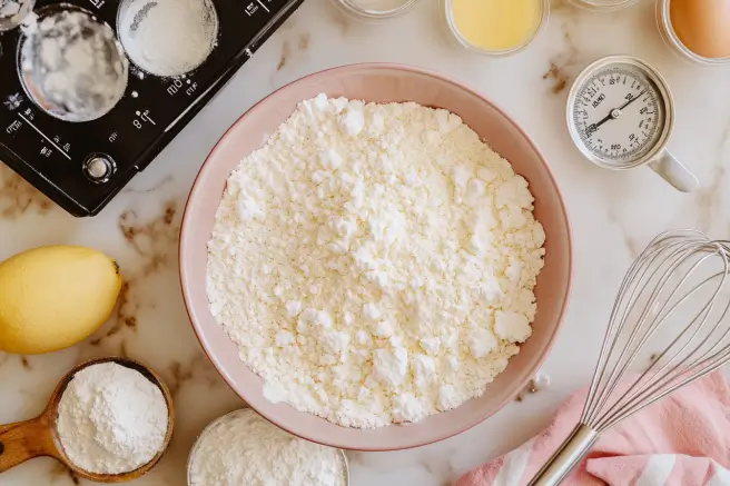 A mixing bowl with sifted flour, baking soda, and salt, ready to be combined.