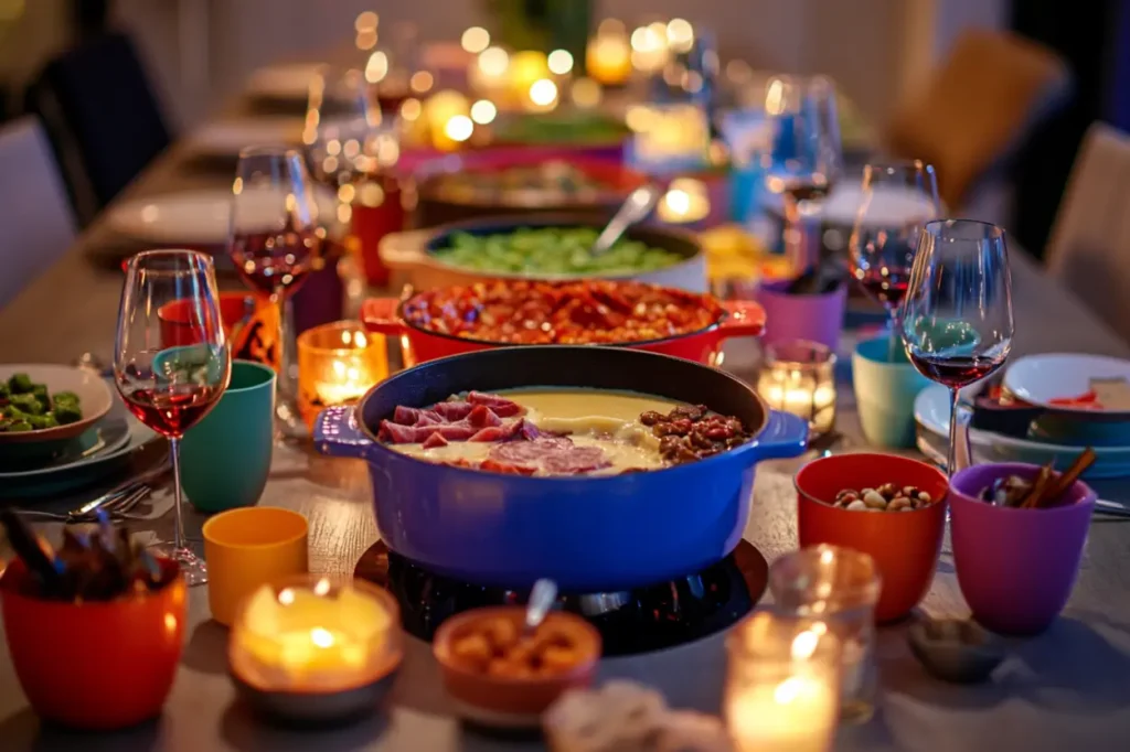 Fondue party table with cheese, meat, and chocolate fondue pots, surrounded by dippers and wine glasses.