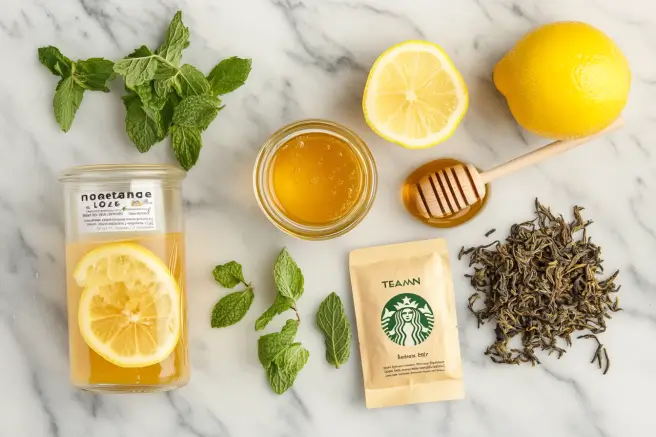 Ingredients for Starbucks Medicine Ball Tea, including lemonade, honey, Teavana tea sachets, lemon slices, and mint.