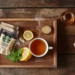 Ingredients for Starbucks Medicine Ball Tea, including lemonade, honey, Teavana tea sachets, lemon slices, and mint.